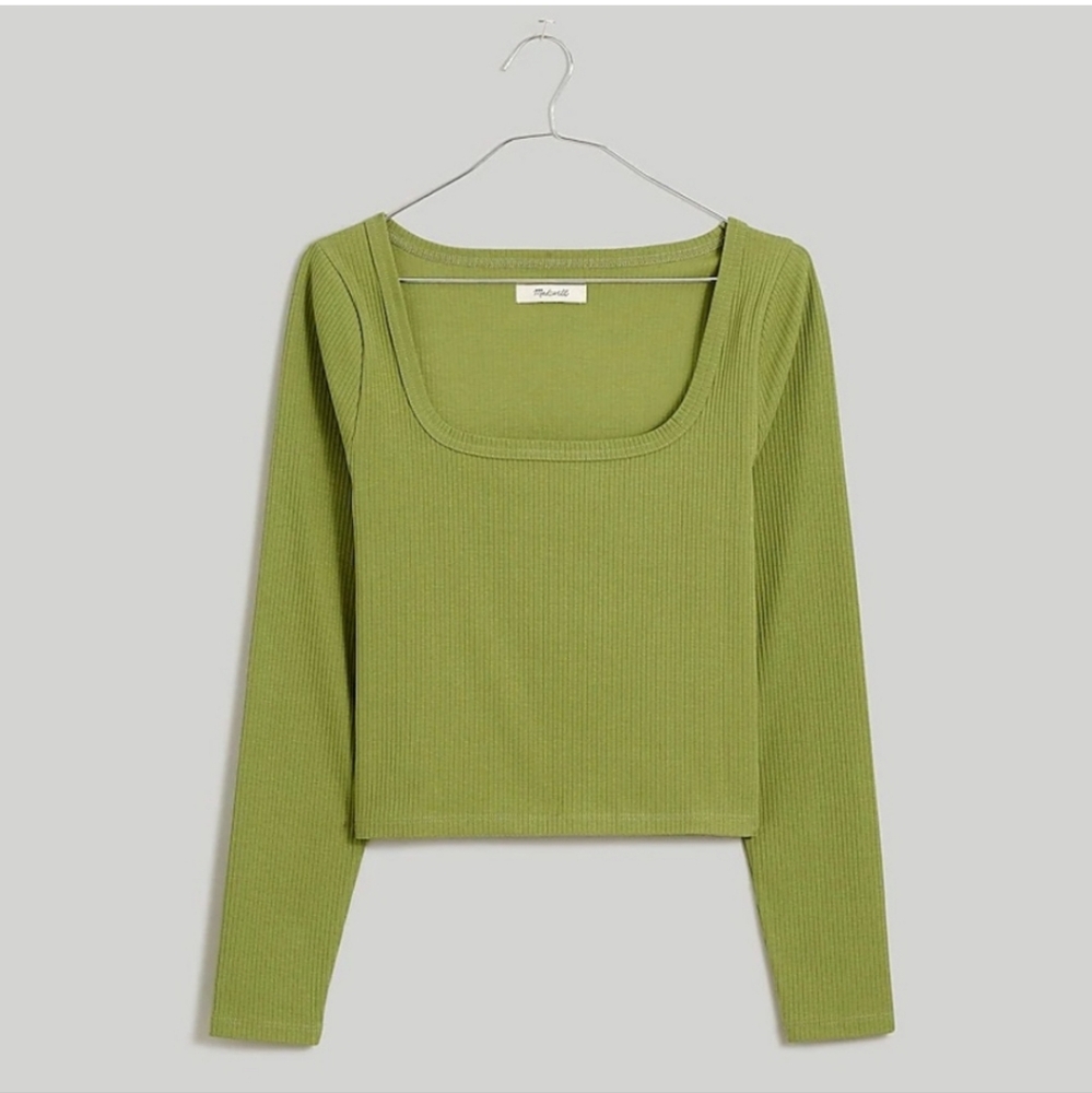 MADEWELL Green Square Neck Long Sleeve Crop Ribbed Shirt XXS NWT
